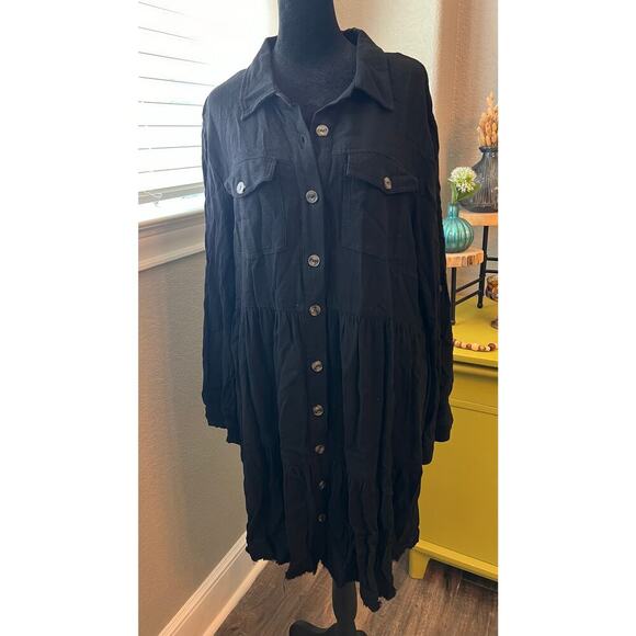 White Birch Sz‎ L linen blend blk button down long sleeve full knee length dress - Picture 2 of 9